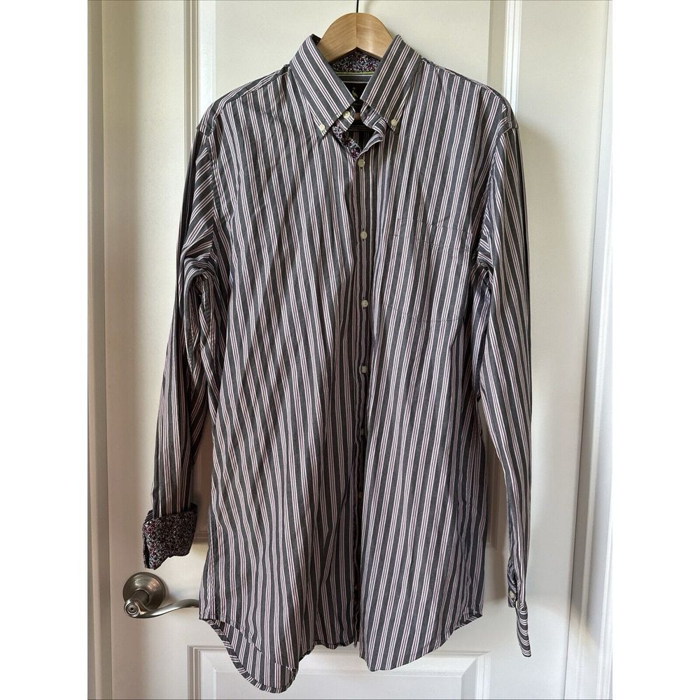 TailorByrd Shirt Mens XLT Gray White Stripe Floral Flip Cuff Preppy Casual Work